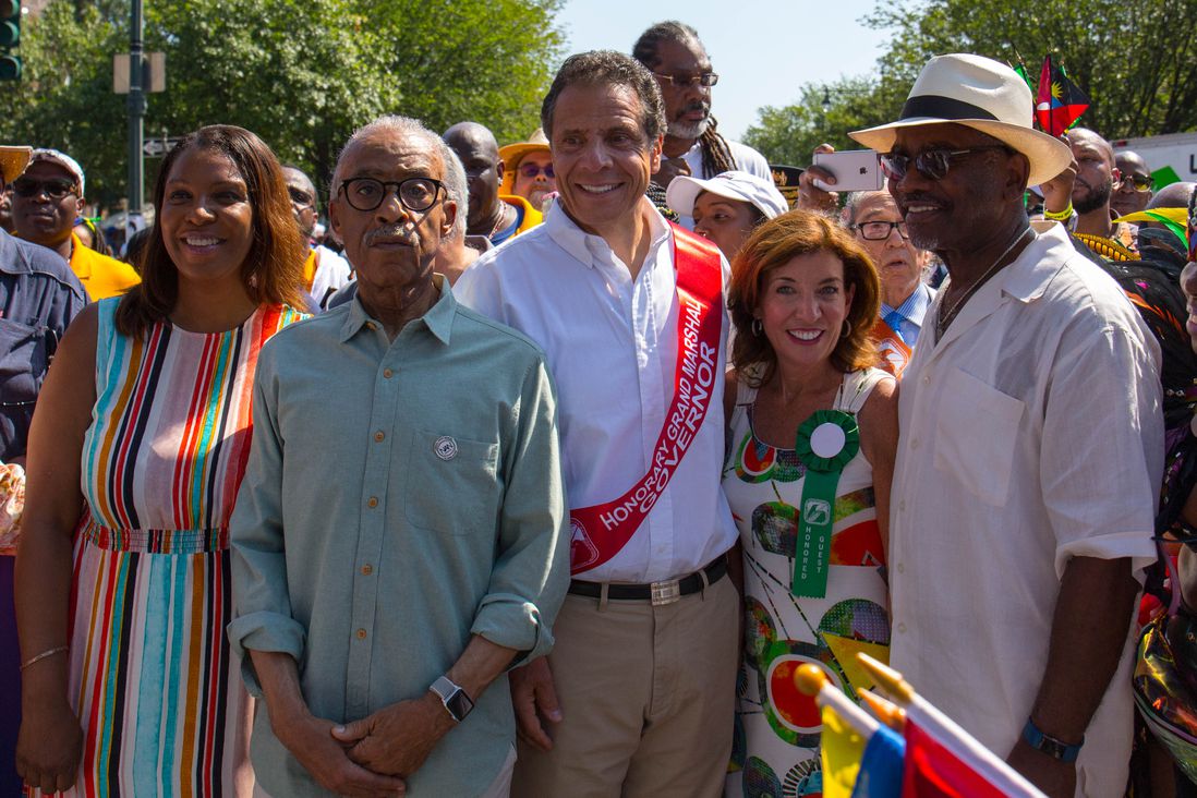 Public Advocate (and AG candidate) Letitia James, Rev. Al Sharpton, Governor Andrew Cuomo, and Lieutenant Governor Kathy Hochul<br>